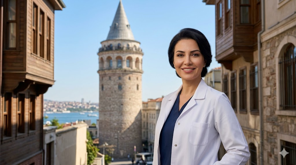 طبيب تجميل متخصص في زراعة شعر الصدر يقف أمام برج غالاتا الشهير في إسطنبول في جو مشمس وواقعي.