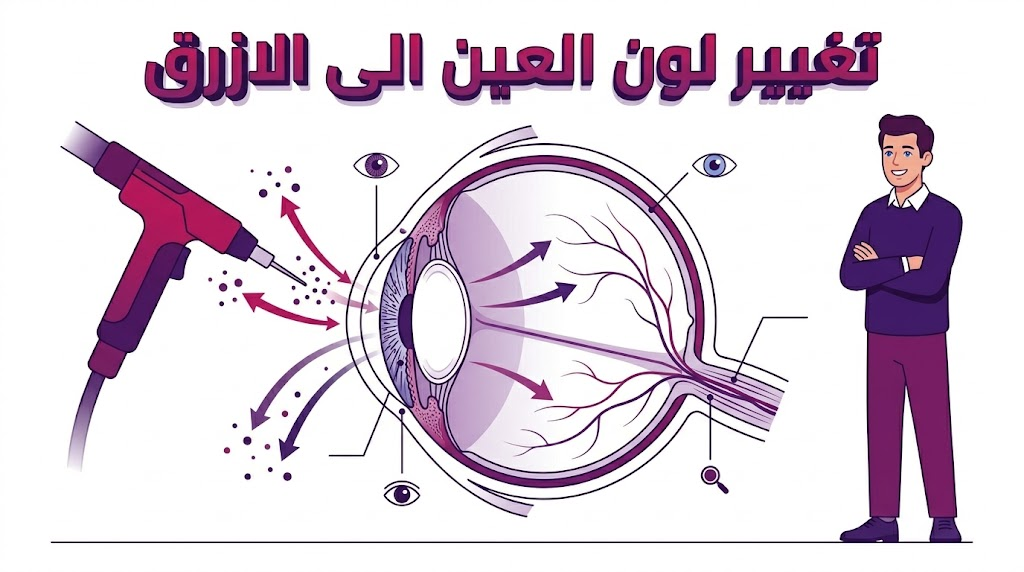 رسم توضيحي ناقل طبي دقيق يوضح التشريح الداخلي للعين والتقنيات المستخدمة في عملية تغيير لون العين الى الازرق، مع رسم لشخصية راضية وواثقة بجانب الرسم البياني.