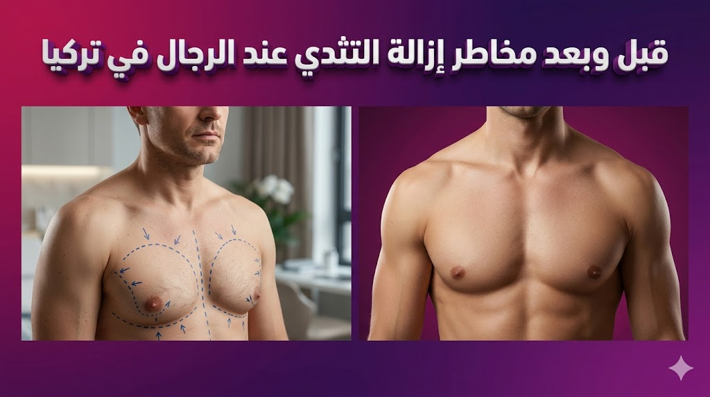 مقارنة قبل وبعد تظهر نتائج عملية جراحية وعلامات طبية دقيقة تتعلق بموضوع مخاطر إزالة التثدي عند الرجال في تركيا.