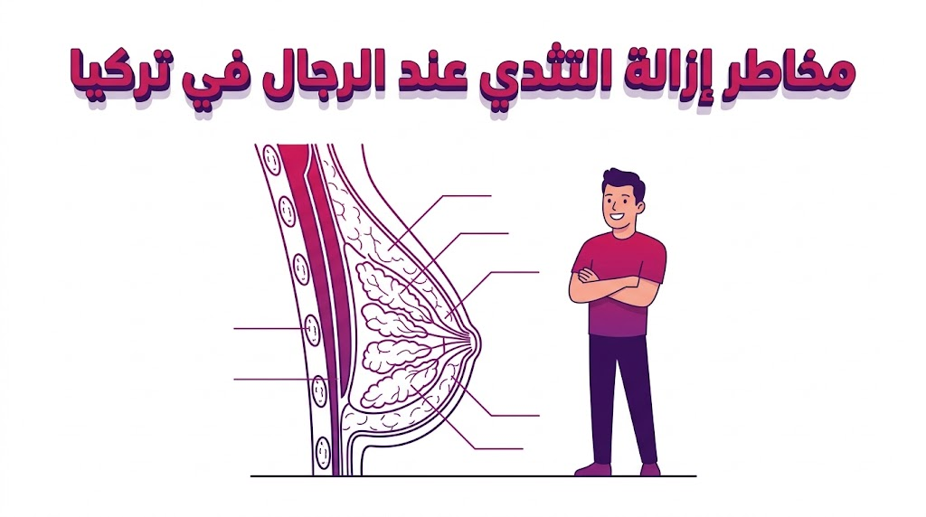  مخطط إنفوجرافيك طبي تشريحي لـ مخاطر إزالة التثدي عند الرجال في تركيا يوضح الأنسجة الغدية والدهنية.