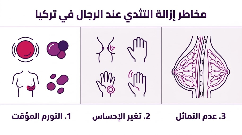  إنفوجرافيك تعليمي مقسم إلى ثلاثة أقسام يوضح أبرز مخاطر إزالة التثدي عند الرجال في تركيا بشكل مبسط.