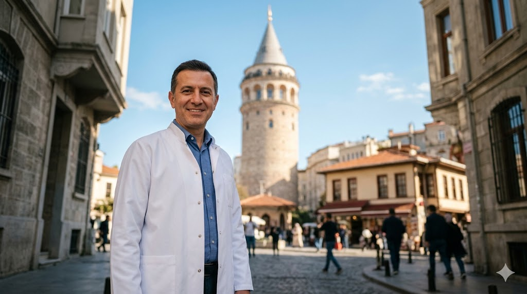 طبيب تجميل متميز يقف أمام برج غلاطة التاريخي في إسطنبول، لتقديم استشارات حول مخاطر إزالة التثدي عند الرجال في تركيا.