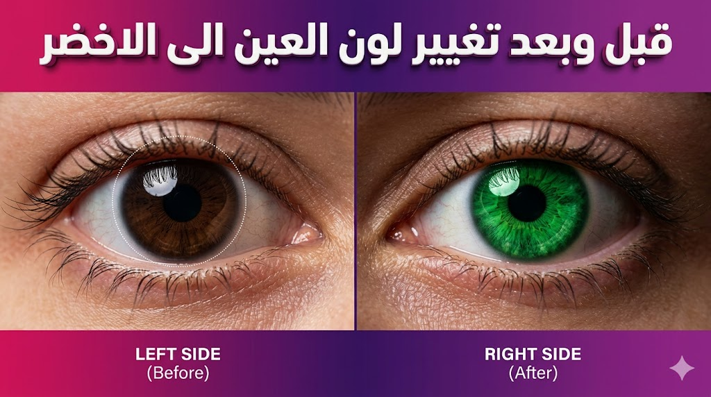 صورة قبل وبعد توضح نتائج تغيير لون العين الى الاخضر باستخدام التقنيات الطبية الحديثة.
