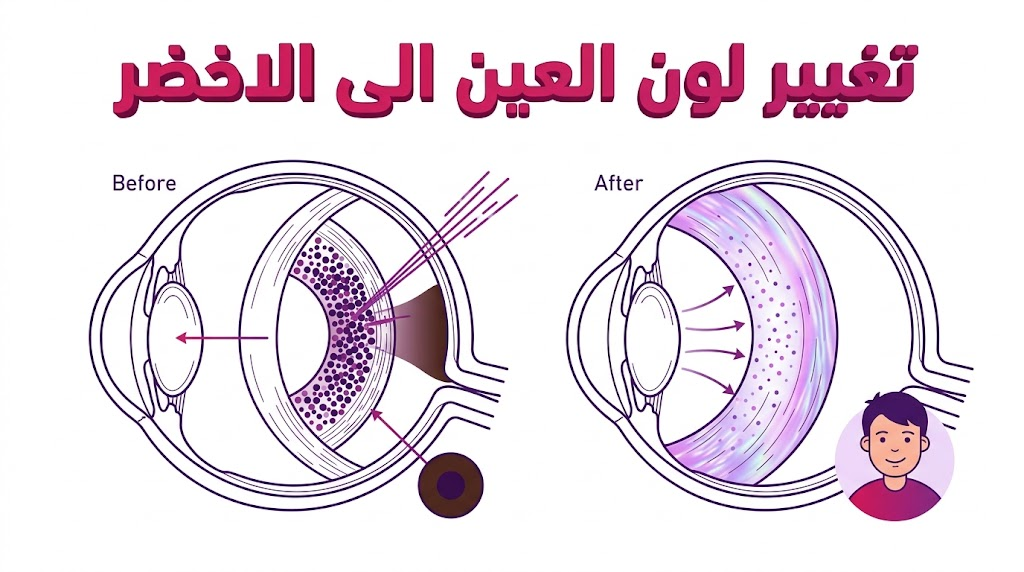 مخطط تشريحي يوضح العملية العلمية المتبعة في تغيير لون العين الى الاخضر بشكل دقيق.