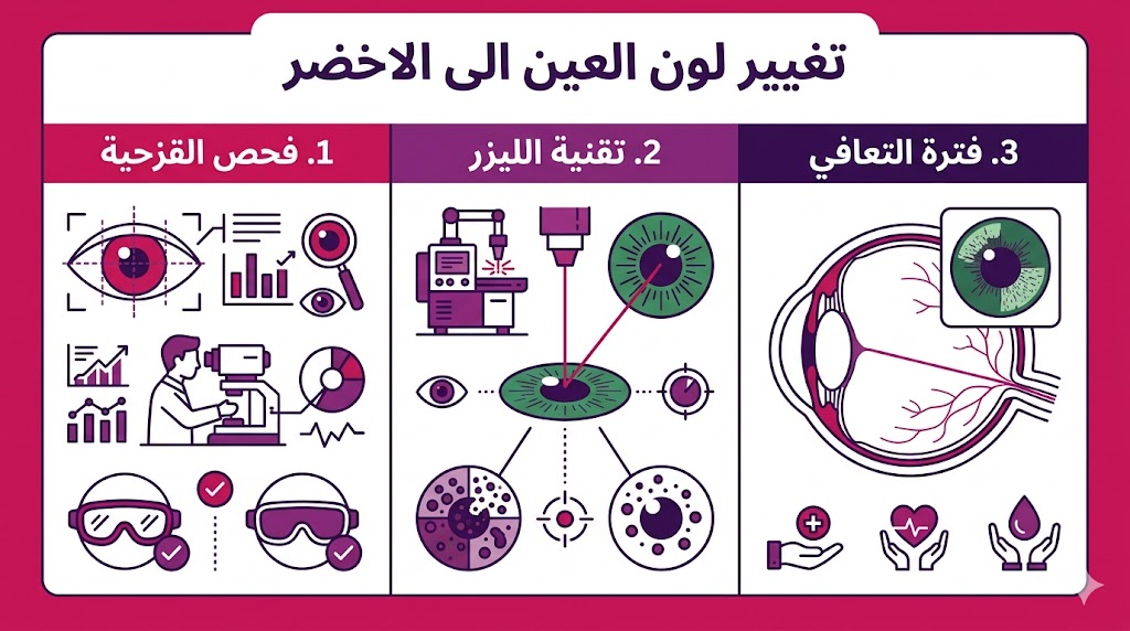 إنفوجرافيك طبي يوضح مراحل عملية تغيير لون العين الى الاخضر من الفحص حتى التعافي.