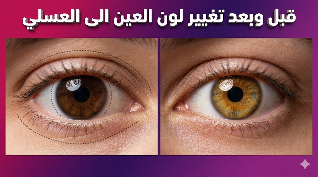 صورة واقعية توضح نتيجة قبل وبعد تغيير لون العين الى العسلي مع تحديدات طبية دقيقة.