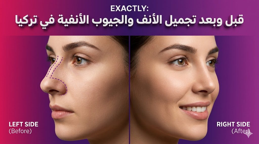 مقارنة قبل وبعد توضح نتائج تجميل الأنف والجيوب الأنفية في تركيا وتصحيح انحراف الحاجز الأنفي.