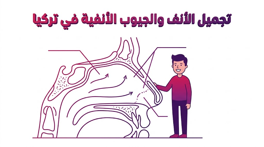 مخطط تشريحي يوضح التقنيات المستخدمة في تجميل الأنف والجيوب الأنفية في تركيا لتحسين التنفس والشكل.
