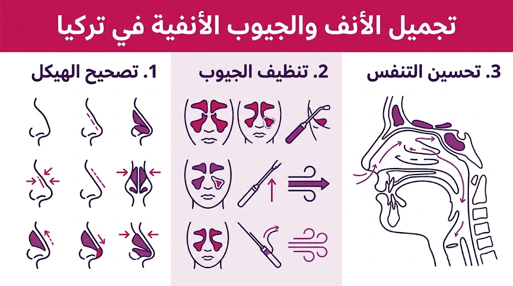 إنفوجرافيك طبي يلخص مراحل تجميل الأنف والجيوب الأنفية في تركيا من التصحيح الهيكلي إلى تحسين التنفس.