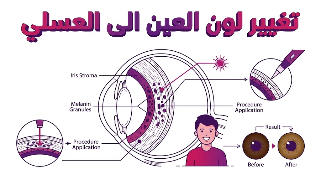 إنفوجرافيك تعليمي يوضح التشريح الداخلي للعين وكيفية تطبيق تقنية تغيير لون العين الى العسلي.
