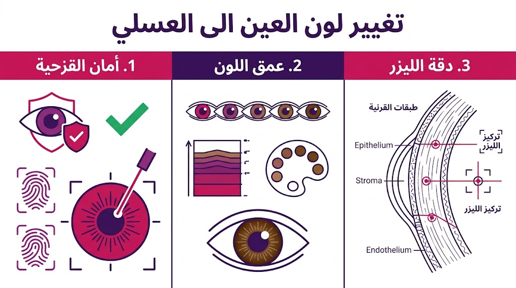 ملصق إنفوجرافيك طبي يوضح مراحل ومميزات عملية تغيير لون العين الى العسلي.