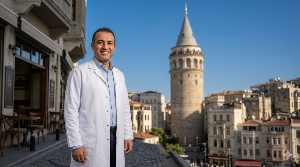 طبيب عيون متميز يقف أمام برج غالاتا في اسطنبول كوجهة رائدة لعملية تغيير لون العين الى العسلي.