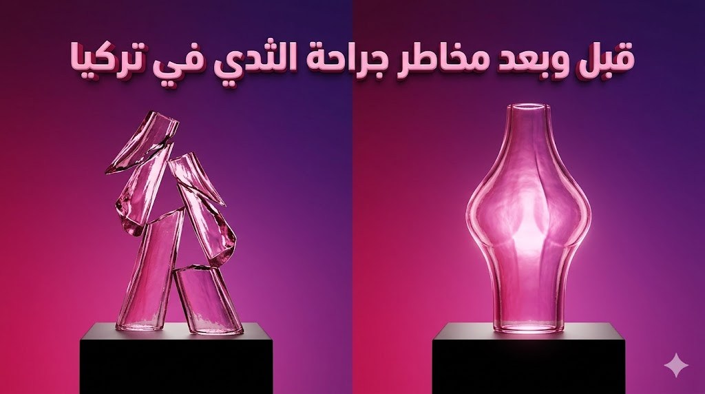 مقارنة بصرية تعبيرية قبل وبعد لتوضيح معايير الأمان والتناسق وتجنب مخاطر جراحة الثدي في تركيا.