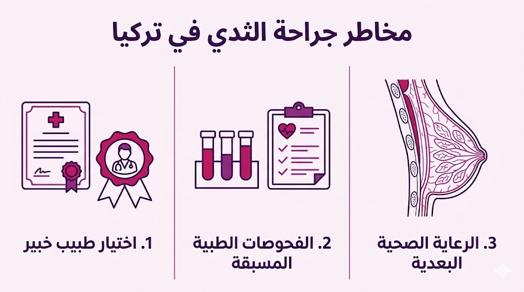 لوحة إنفوجرافيك طبية من ثلاثة أعمدة باللغة العربية تستعرض خطوات الحد من مخاطر جراحة الثدي في تركيا.