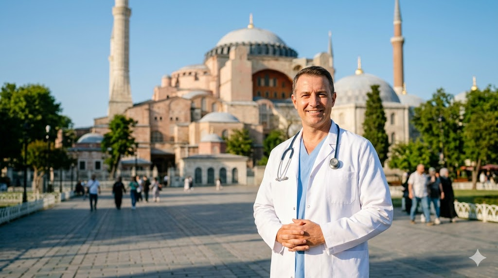 طبيب جراح تجميل يبتسم بثقة أمام جامع آيا صوفيا في إسطنبول، ليعكس الأمان والاحترافية الطبية للحد من مخاطر جراحة الثدي في تركيا.