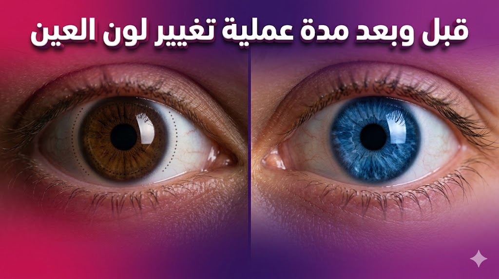 صورة قبل وبعد توضح نتائج مدة عملية تغيير لون العين مع نص ثلاثي الأبعاد يوضح التحول اللوني.