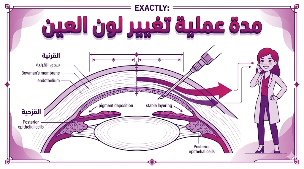 إنفوجرافيك تعليمي يشرح التشريح الداخلي للعين والخطوات التقنية المرتبطة بـ مدة عملية تغيير لون العين.