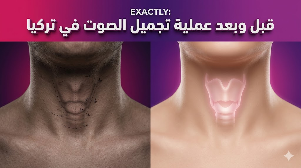  مقارنة قبل وبعد عملية تجميل الصوت في تركيا تظهر علامات التخطيط الطبي والنتيجة النهائية الناجحة.