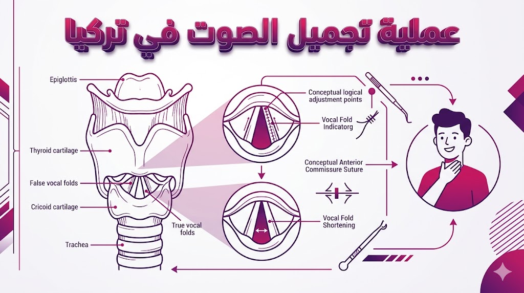  إنفوجرافيك تشريحي يوضح العلم الكامن وراء عملية تجميل الصوت في تركيا وتعديل الأوتار الصوتية.