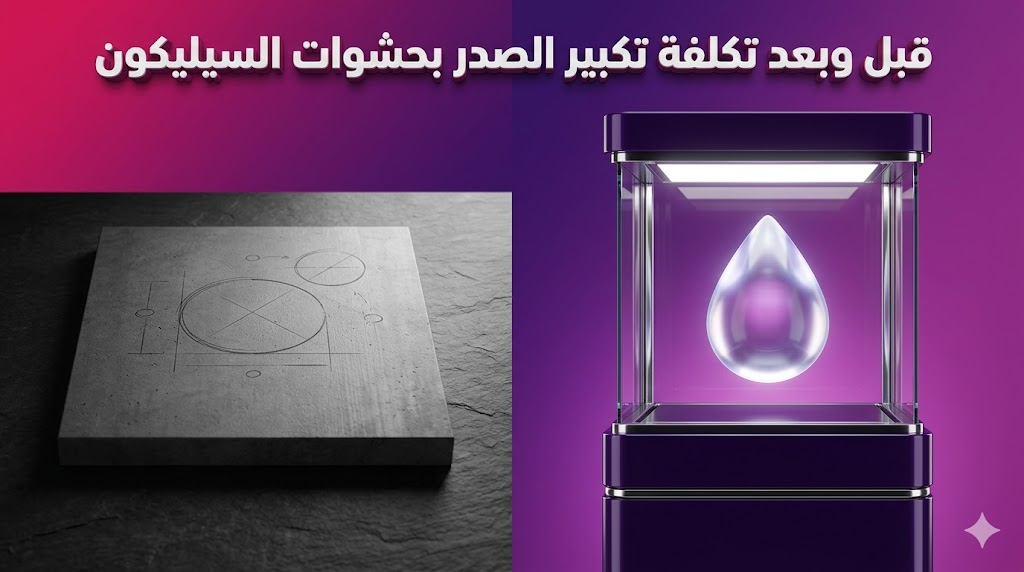 مقارنة رمزية قبل وبعد توضح التناسق والامتلاء وعلاقته بـ تكلفة تكبير الصدر بحشوات السيليكون بخلفية أرجوانية فاخرة.