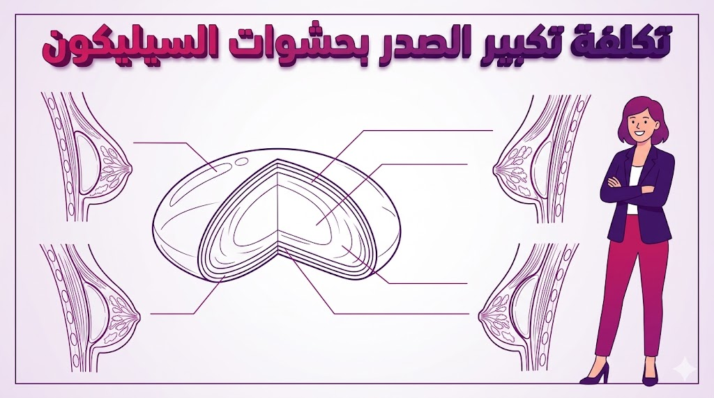  إنفوجرافيك طبي تشريحي يوضح جودة ومكونات الحشوات المستخدمة وتأثيرها على تكلفة تكبير الصدر بحشوات السيليكون.
