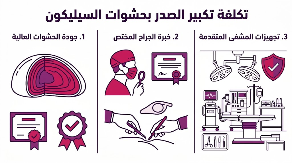 بوستر إنفوجرافيك مقسم لثلاثة أقسام يشرح العوامل الأساسية التي تحدد تكلفة تكبير الصدر بحشوات السيليكون.