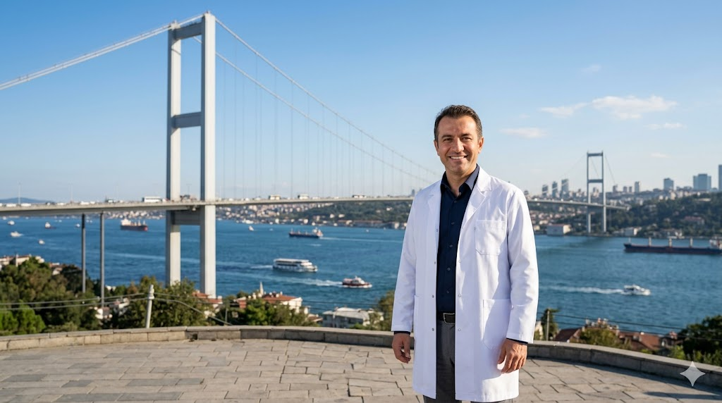 طبيب تجميل متميز يقف أمام جسر البوسفور في إسطنبول، للإشارة إلى جودة عمليات التجميل و تكلفة تكبير الصدر بحشوات السيليكون في تركيا.