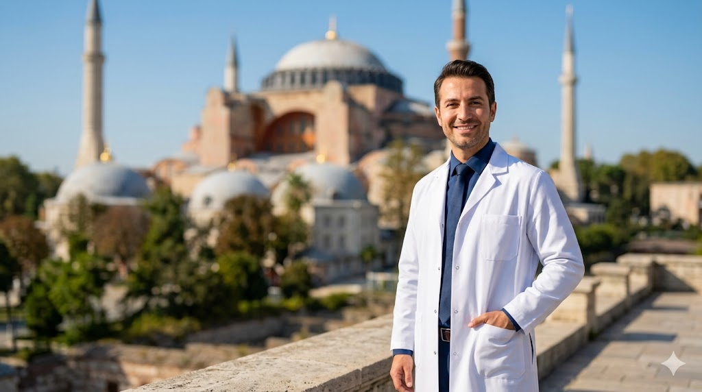طبيب تجميل متميز يقف أمام معلم آيا صوفيا التاريخي في إسطنبول كوجهة رائدة لعملية تكبير الصدر بالدهون الذاتية في تركيا.