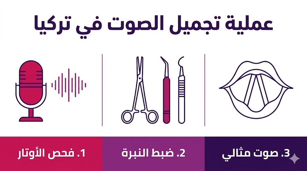  ملصق إنفوجرافيك طبي يوضح مراحل عملية تجميل الصوت في تركيا من الفحص إلى النتيجة النهائية.