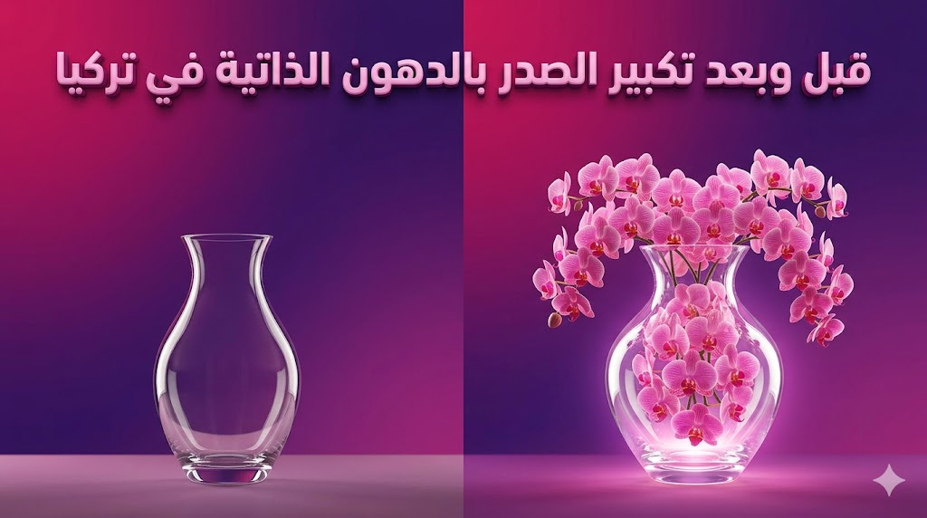 مقارنة بصرية تعبيرية توضح الفارق قبل وبعد عملية تكبير الصدر بالدهون الذاتية في تركيا من خلال رموز فنية أنيقة وجذابة.