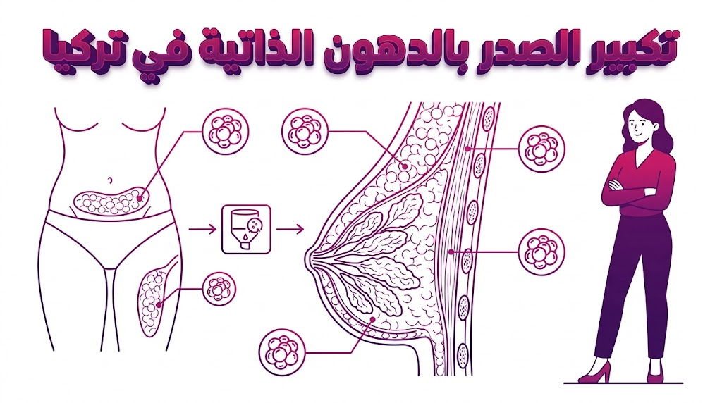 مخطط إنفوجرافيك طبي يشرح الآلية التشريحية الدقيقة لعملية تكبير الصدر بالدهون الذاتية في تركيا.