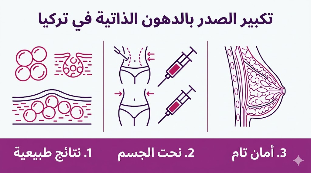 بوستر إنفوجرافيك طبي مقسم إلى ثلاثة أقسام توضيحية تبرز أهم مزايا عملية تكبير الصدر بالدهون الذاتية في تركيا بشكل مبسط وعلمي.