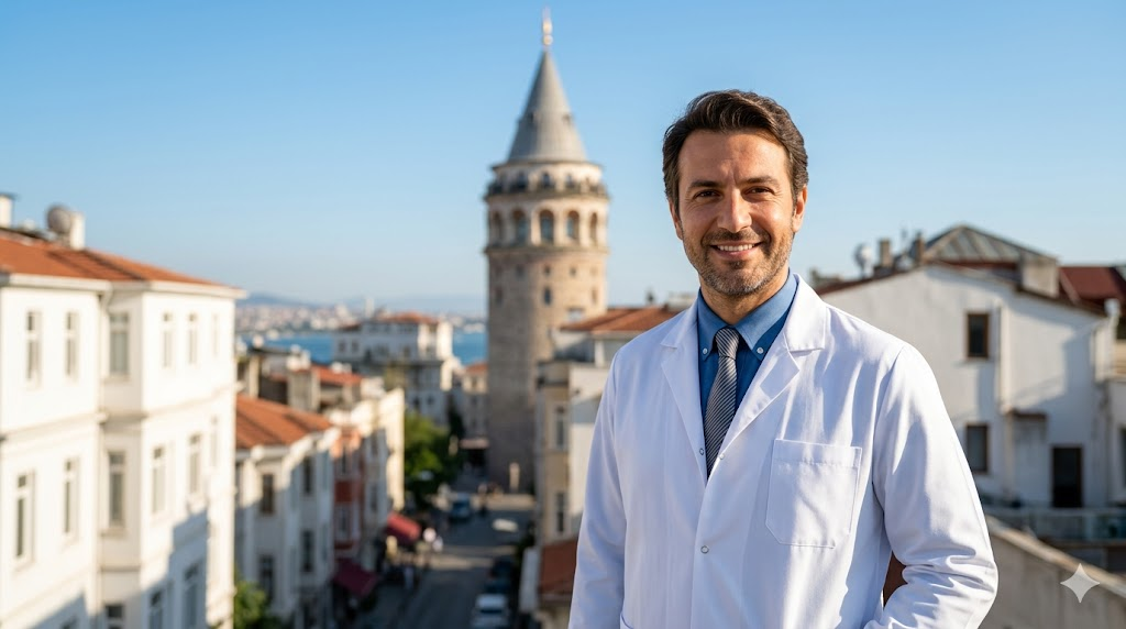  طبيب متخصص في عملية تجميل الصوت في تركيا يقف بملابس رسمية أمام برج غالاتا في اسطنبول.