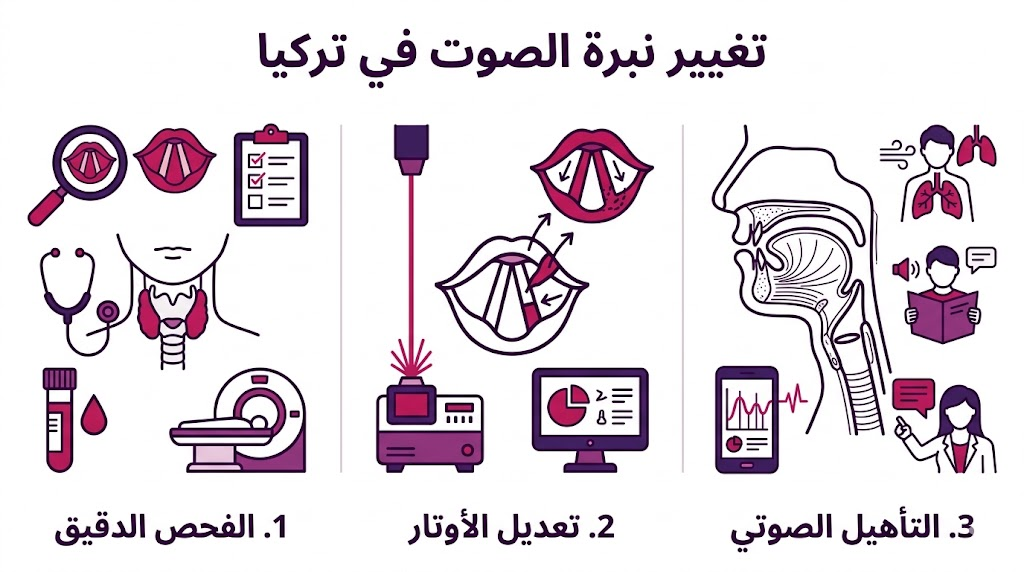  بوستر إنفوجرافيك يوضح خطوات عملية تغيير نبرة الصوت في تركيا من التشخيص إلى التأهيل.
