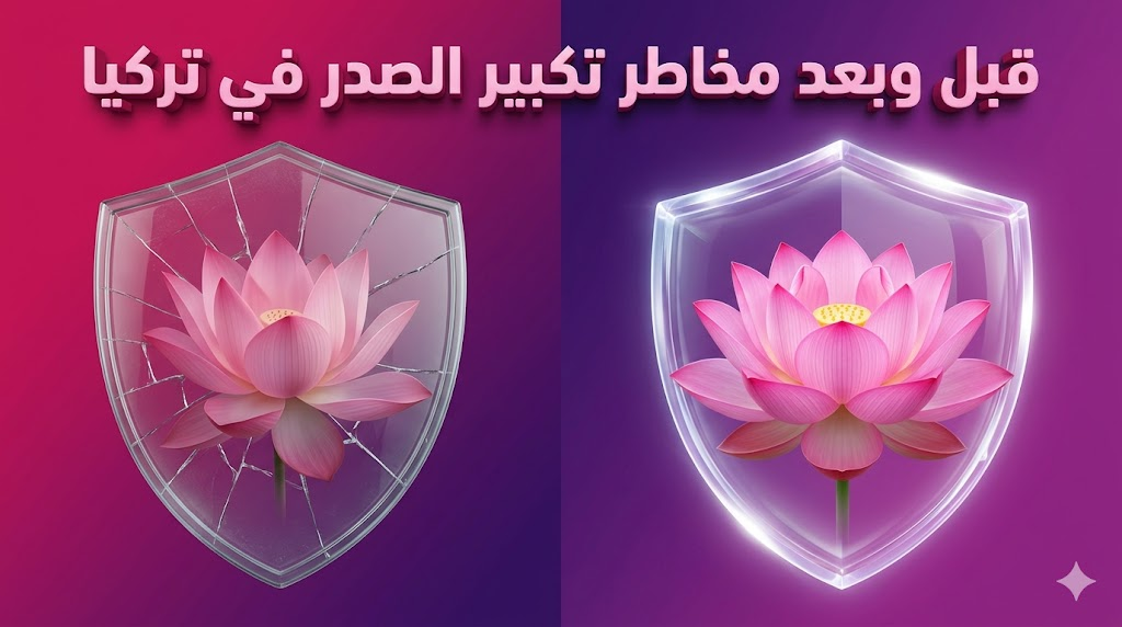 صورة مقارنة رمزية توضح الفارق قبل وبعد اتخاذ الاحتياطات الطبية لتفادي مخاطر تكبير الصدر في تركيا.