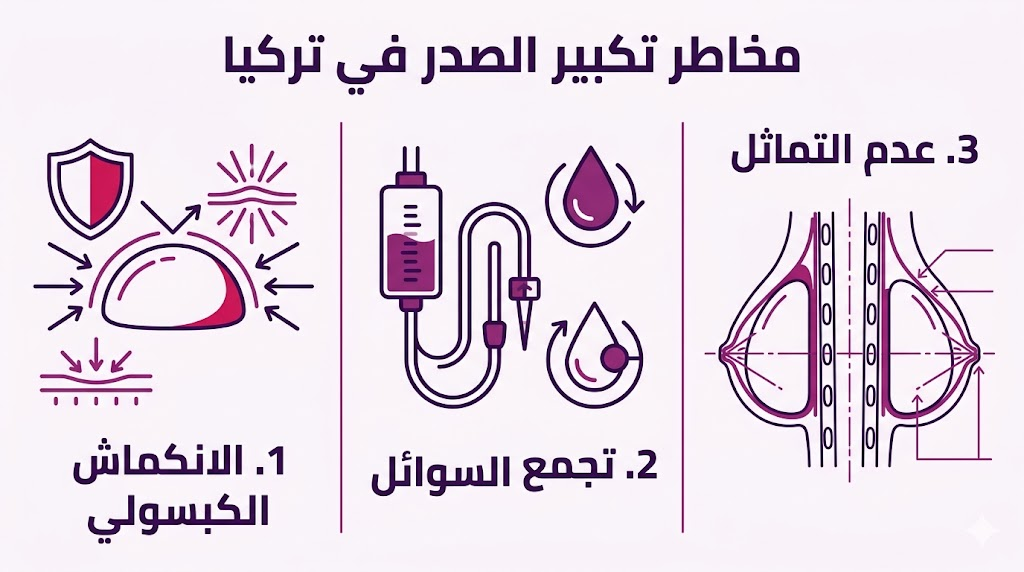 بوستر إنفوجرافيك مقسم لثلاثة أعمدة يشرح علمياً طرق تجنب مخاطر تكبير الصدر في تركيا.