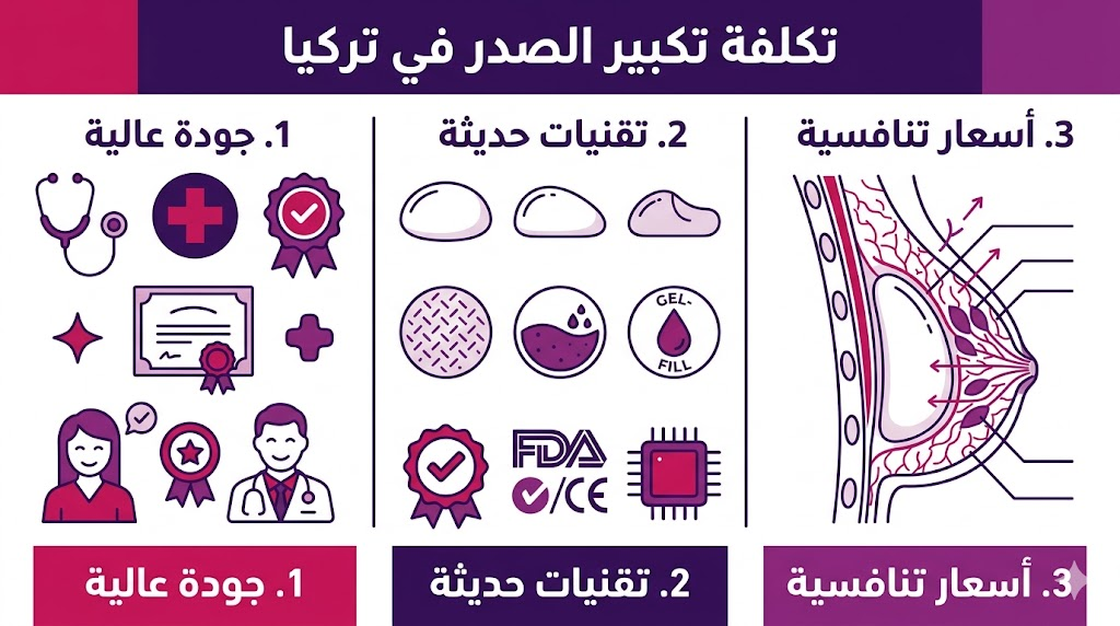 بوستر إنفوجرافيك طبي مقسم لثلاثة أعمدة يبرز العوامل الأساسية التي تحدد تكلفة تكبير الصدر في تركيا.