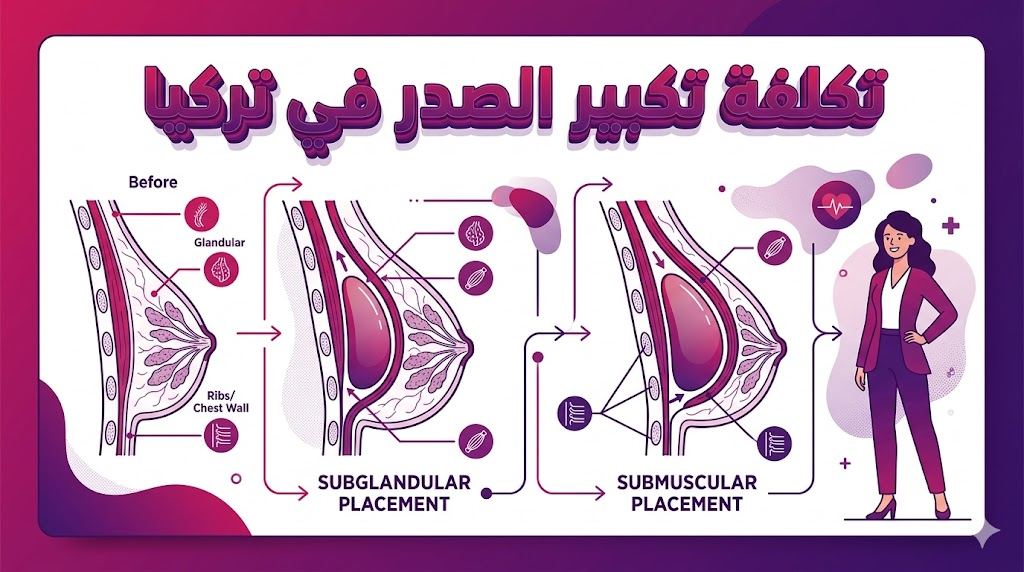 مخطط طبي تشريحي بالرسم المتجهي يشرح آليات الجراحة وموقع الحشوات المعتمدة لتوضيح تكلفة تكبير الصدر في تركيا.