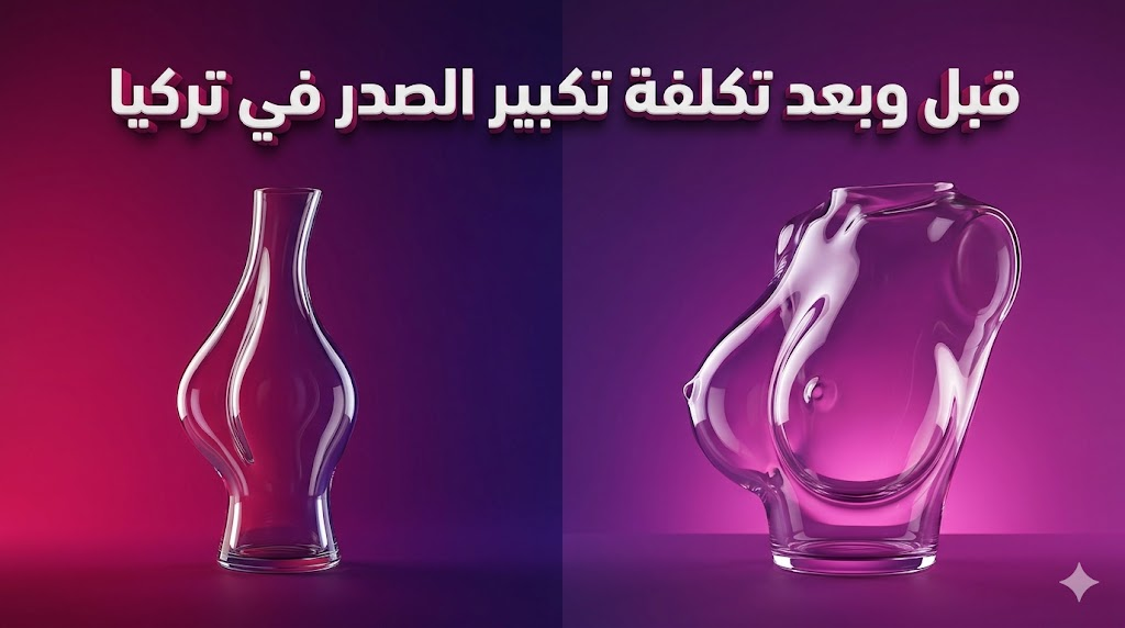 مقارنة فنية مجردة توضح التحول والنتائج قبل وبعد عملية تكبير الصدر في تركيا على خلفية فاخرة.