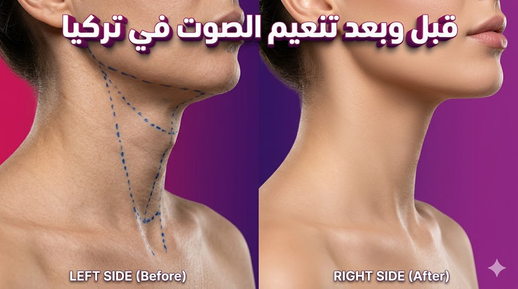 صورة "قبل وبعد" توضح نتائج عملية تنعيم الصوت في تركيا مع علامات جراحية احترافية وخلفية فاخرة.