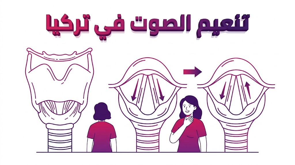 إنفوجرافيك طبي يوضح تشريح الحنجرة والأحبال الصوتية لعملية تنعيم الصوت في تركيا بأسلوب الرسم الهندسي.