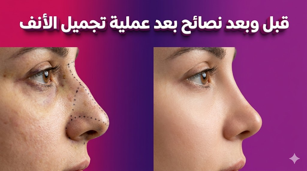 صورة مقارنة "قبل وبعد" توضح نتائج الالتزام بـ نصائح بعد عملية تجميل الأنف مع تخطيط طبي جراحي.