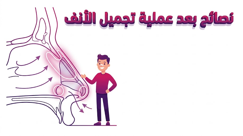 مخطط تشريحي تعليمي يوضح بنية الأنف الداخلية مع نصائح بعد عملية تجميل الأنف بأسلوب الفيكتور الاحترافي.