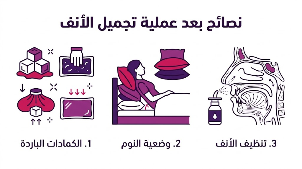 إنفوجرافيك طبي يستعرض أهم 3 نصائح بعد عملية تجميل الأنف وتشمل الكمادات ووضعية النوم وتنظيف الأنف.