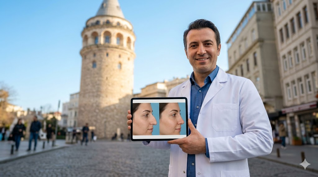 طبيب تجميل يقف أمام برج غالاتا في اسطنبول لتقديم نصائح بعد عملية تجميل الأنف في بيئة طبية سياحية فاخرة.