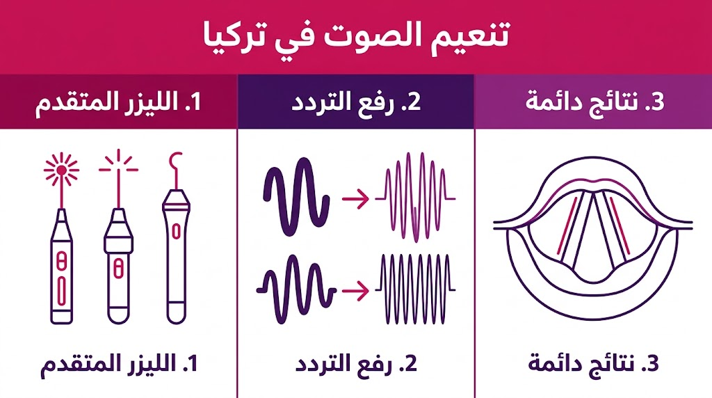ملصق إنفوجرافيك تعليمي حول تقنيات الليزر ورفع تردد الذبذبات لعملية تنعيم الصوت في تركيا.