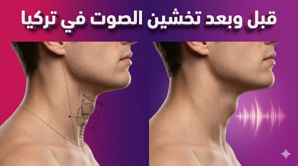 مقارنة قبل وبعد توضح نتائج عملية تخشين الصوت في تركيا على منطقة الحنجرة والأحبال الصوتية.