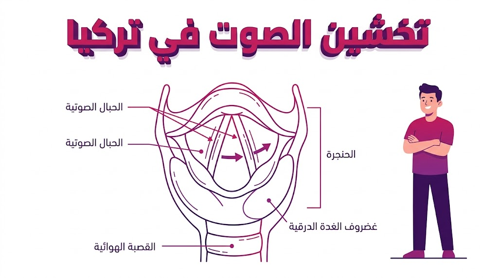  إنفوجرافيك طبي يوضح التشريح الداخلي للحنجرة وكيفية إجراء تخشين الصوت في تركيا علمياً.