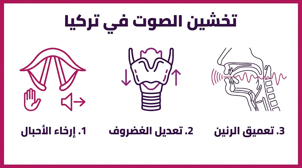 ملصق إنفوجرافيك مقسم لثلاثة أقسام يشرح خطوات تخشين الصوت في تركيا طبياً.