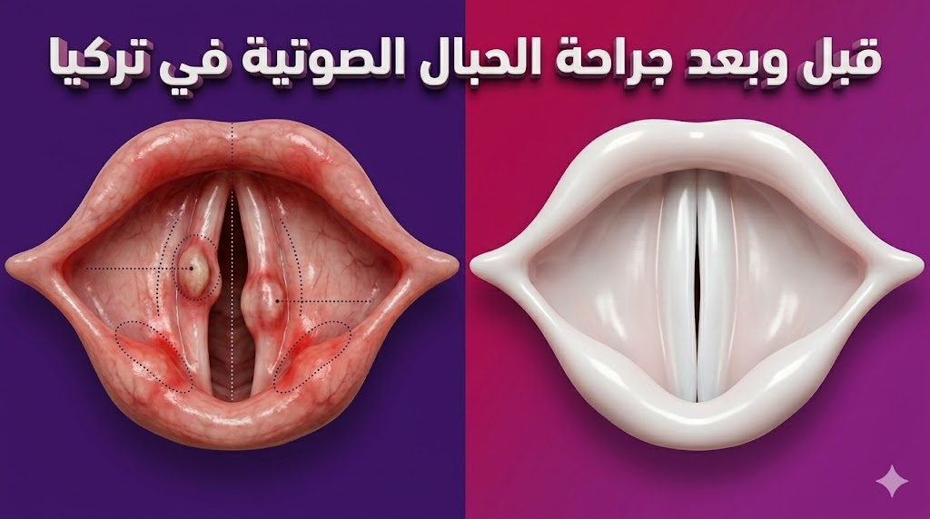 مقارنة قبل وبعد توضح نجاح جراحة الحبال الصوتية في تركيا من خلال منظر داخلي للحنجرة.